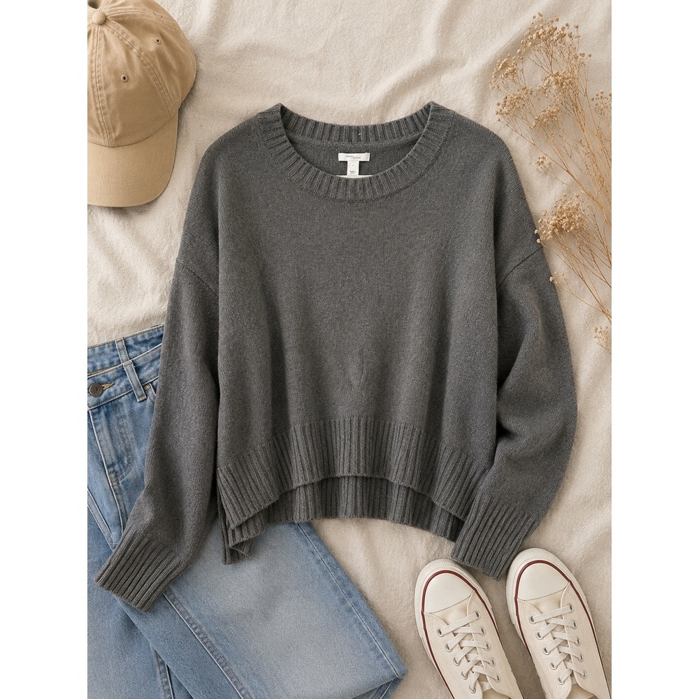 Daily Ritual Womens Grey 100% Cotton Crewneck High Low Pullover Sweater Small